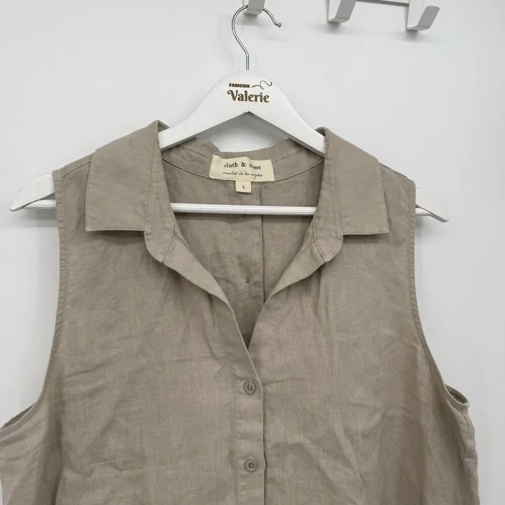 Cloth & Stone Taupe Tan Linen Collared Tank Top Sleeveless Size Large Boho - Picture 2 of 9